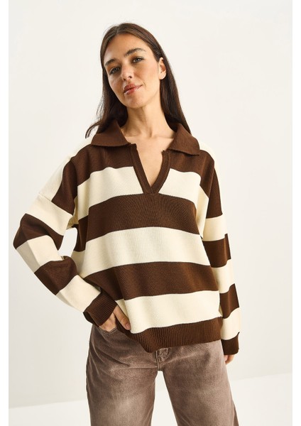 Kadın Polo Yaka Çizgili Triko Kazak fırsatları