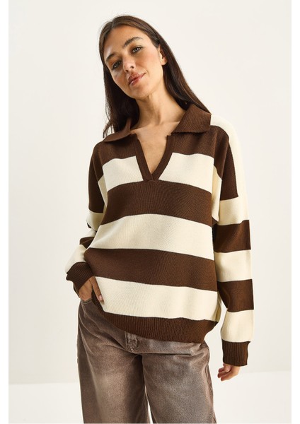 Kadın Polo Yaka Çizgili Triko Kazak indirimleri
