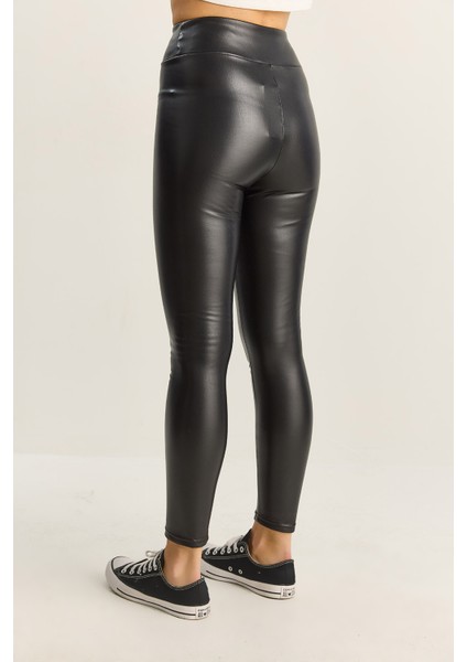 Kadın Içi Kürklü Yüksek Bel Lastikli Suni Deri Tayt