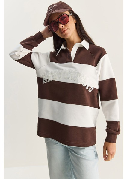 Kadın Polo Yaka Nakışlı Çizgili Sweatshirt