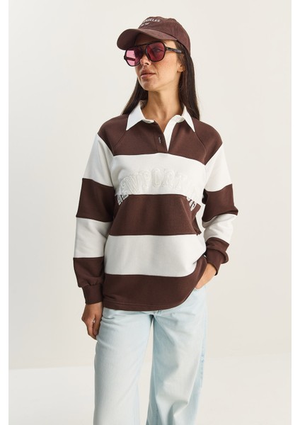 Kadın Polo Yaka Nakışlı Çizgili Sweatshirt fiyatları