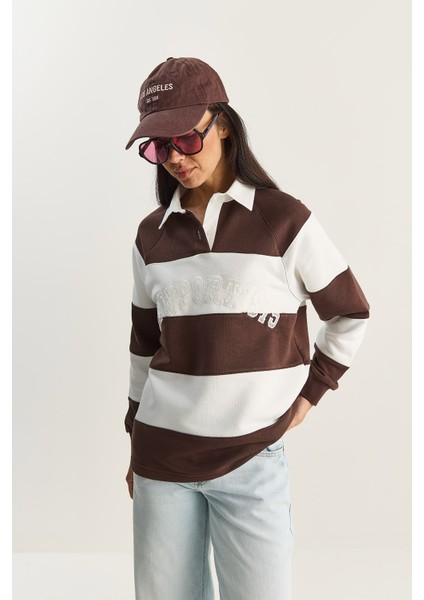 Kadın Polo Yaka Nakışlı Çizgili Sweatshirt modelleri