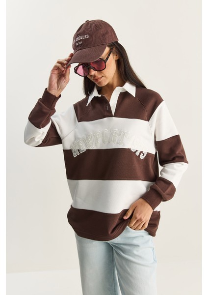Kadın Polo Yaka Nakışlı Çizgili Sweatshirt fırsatları