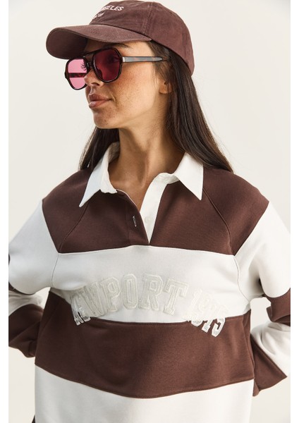 Kadın Polo Yaka Nakışlı Çizgili Sweatshirt indirimleri