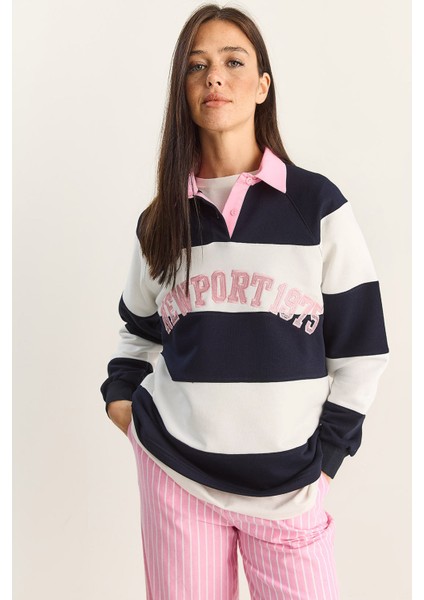 Kadın Polo Yaka Nakışlı Çizgili Sweatshirt