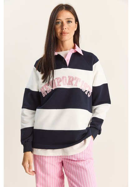 Kadın Polo Yaka Nakışlı Çizgili Sweatshirt fiyatları