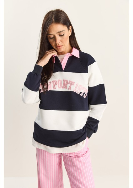 Kadın Polo Yaka Nakışlı Çizgili Sweatshirt modelleri