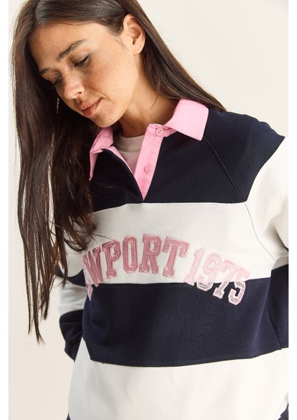 Kadın Polo Yaka Nakışlı Çizgili Sweatshirt fırsatları