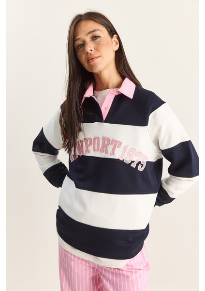 Kadın Polo Yaka Nakışlı Çizgili Sweatshirt indirimleri