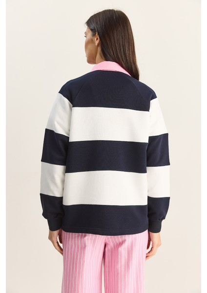 Kadın Polo Yaka Nakışlı Çizgili Sweatshirt