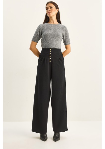 Kadın Gold Düğme Detaylı Pileli Yüksek Bel Palazzo Pantolon