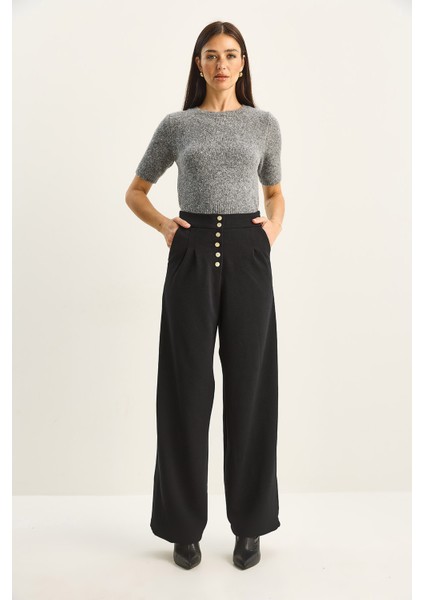 Kadın Gold Düğme Detaylı Pileli Yüksek Bel Palazzo Pantolon modelleri