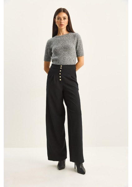 Kadın Gold Düğme Detaylı Pileli Yüksek Bel Palazzo Pantolon indirimleri