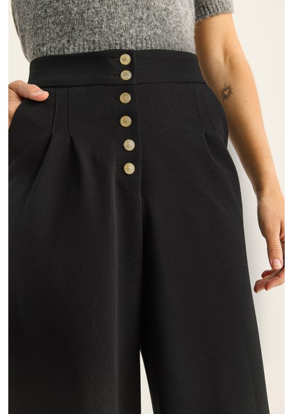Kadın Gold Düğme Detaylı Pileli Yüksek Bel Palazzo Pantolon