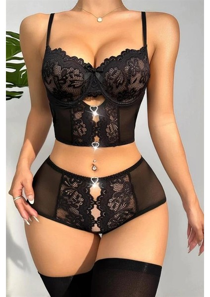 Arias Closet Özel Bölgesi Açık Siyah Dantelli Fantezi Büstiyer Takım