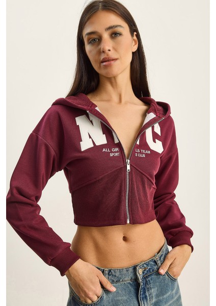 Kadın Nyc Nakışlı Üç Iplik Şardonlu Kapüşonlu Crop Hırka