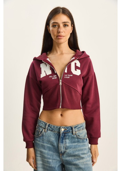 Kadın Nyc Nakışlı Üç Iplik Şardonlu Kapüşonlu Crop Hırka fiyatları