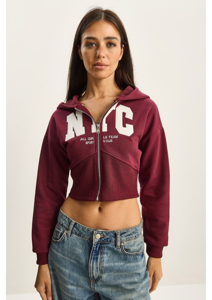 Kadın Nyc Nakışlı Üç Iplik Şardonlu Kapüşonlu Crop Hırka modelleri