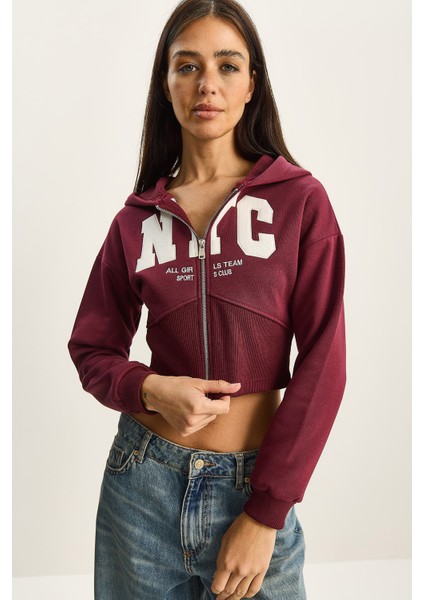 Kadın Nyc Nakışlı Üç Iplik Şardonlu Kapüşonlu Crop Hırka fırsatları