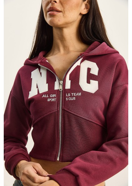 Kadın Nyc Nakışlı Üç Iplik Şardonlu Kapüşonlu Crop Hırka indirimleri