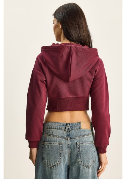 Kadın Nyc Nakışlı Üç Iplik Şardonlu Kapüşonlu Crop Hırka