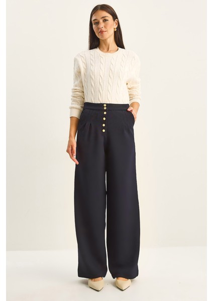 Kadın Gold Düğme Detaylı Pileli Yüksek Bel Palazzo Pantolon