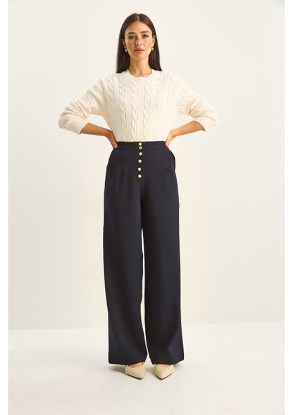 Kadın Gold Düğme Detaylı Pileli Yüksek Bel Palazzo Pantolon fiyatları