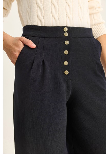 Kadın Gold Düğme Detaylı Pileli Yüksek Bel Palazzo Pantolon