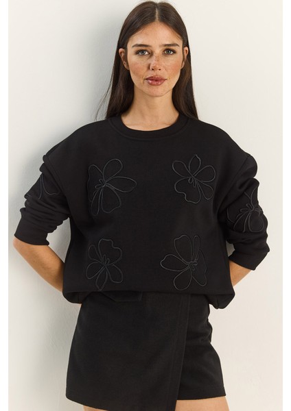 Kadın Çiçek Eva Nakış Üç Iplik Şardonlu Sweatshirt