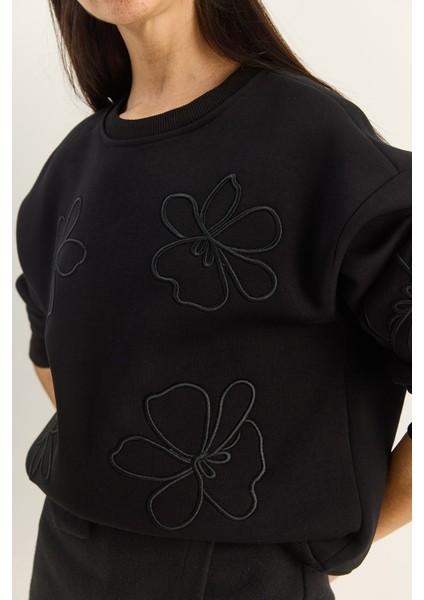 Kadın Çiçek Eva Nakış Üç Iplik Şardonlu Sweatshirt indirimleri