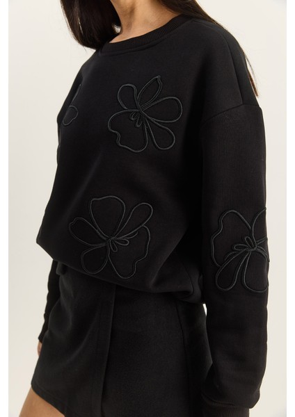 Kadın Çiçek Eva Nakış Üç Iplik Şardonlu Sweatshirt