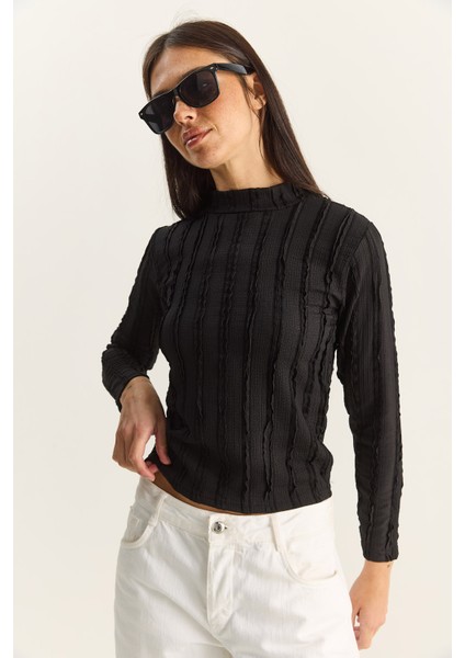 Kadın Yarım Boğazlı Gofre Bürümcük Bluz modelleri