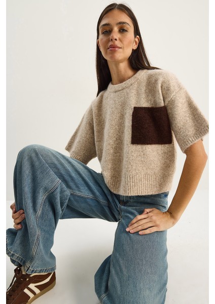 Kadın Renk Blok Cepli Kısa Kollu Triko Kazak