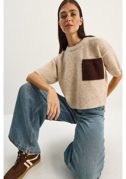 Kadın Renk Blok Cepli Kısa Kollu Triko Kazak fiyatları