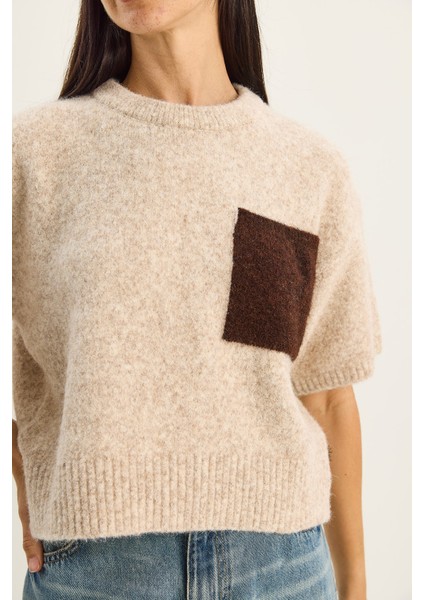 Kadın Renk Blok Cepli Kısa Kollu Triko Kazak fırsatları