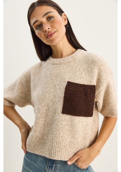 Kadın Renk Blok Cepli Kısa Kollu Triko Kazak indirimleri