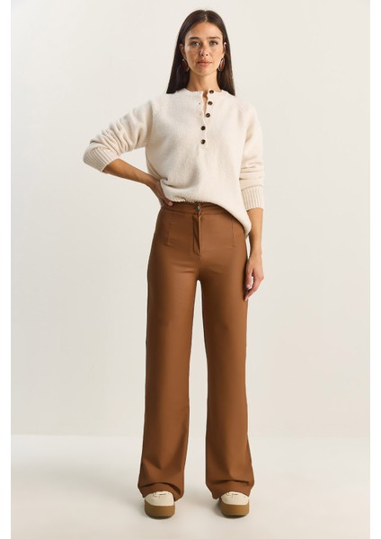 Kadın Yüksek Bel Mat Suni Deri Palazzo Pantolon