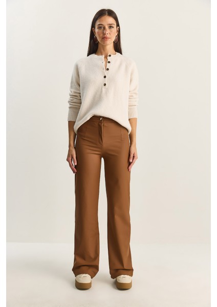 Kadın Yüksek Bel Mat Suni Deri Palazzo Pantolon fiyatları