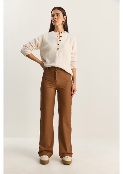 Kadın Yüksek Bel Mat Suni Deri Palazzo Pantolon modelleri