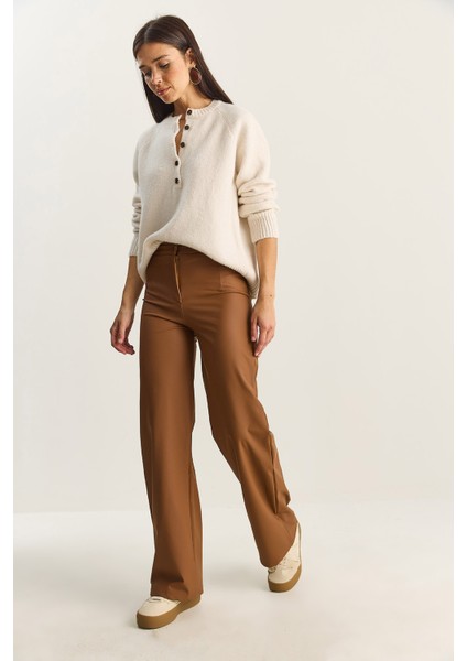 Kadın Yüksek Bel Mat Suni Deri Palazzo Pantolon fırsatları