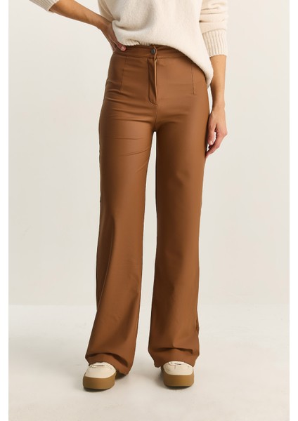 Kadın Yüksek Bel Mat Suni Deri Palazzo Pantolon indirimleri