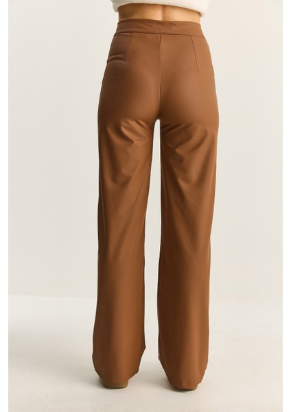 Kadın Yüksek Bel Mat Suni Deri Palazzo Pantolon