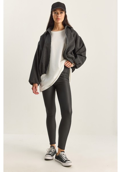 Kadın Içi Kürklü Yüksek Bel Lastikli Mat Suni Deri Tayt