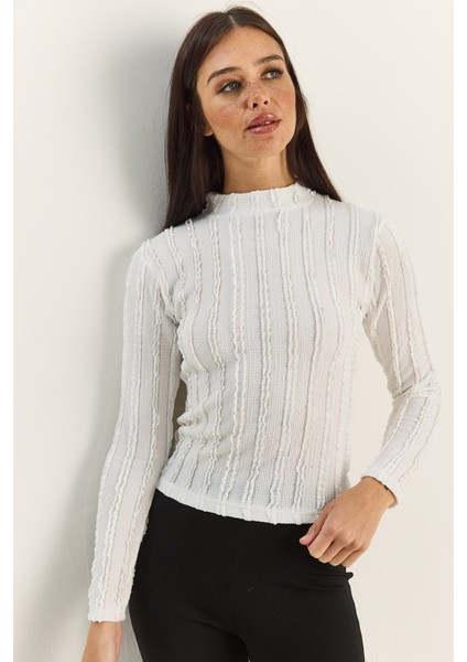 Kadın Yarım Boğazlı Gofre Bürümcük Bluz