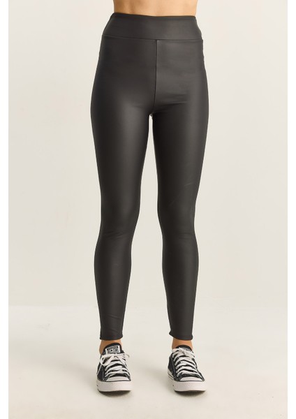 Kadın Içi Kürklü Yüksek Bel Lastikli Mat Suni Deri Tayt