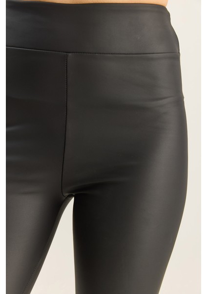 Kadın Içi Kürklü Yüksek Bel Lastikli Mat Suni Deri Tayt