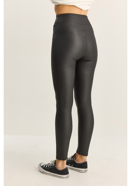 Kadın Içi Kürklü Yüksek Bel Lastikli Mat Suni Deri Tayt