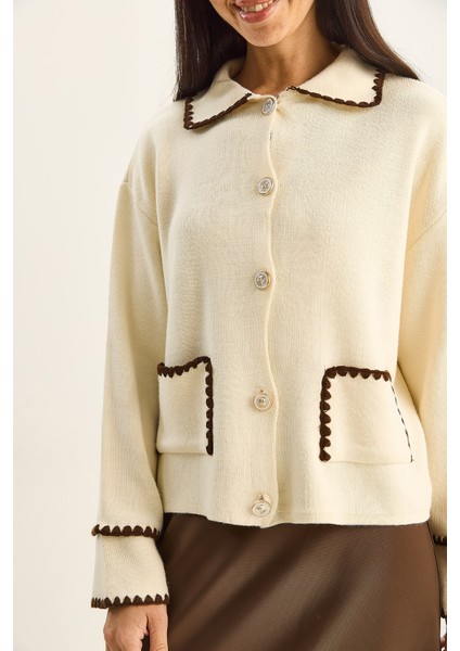 Kadın Polo Yaka Cep Detaylı Çoban Dikişli Triko Hırka