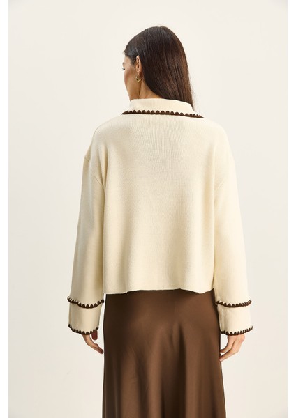 Kadın Polo Yaka Cep Detaylı Çoban Dikişli Triko Hırka