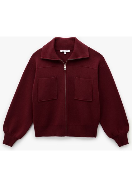 Rahat Kalıp Uzun Kollu Cep Detaylı Viskon Karışımlı Fermuarlı Hırka